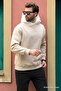 Beige Hooded Color Blocked Embroidery Detailed Men's Sweatshirt 7088