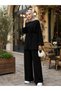 Women's Islamic Clothing Modal Fabric Rope Tie Detail Crew Neck Tunic Top and Bottom Set Black - 8