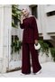 Women's Islamic Clothing Modal Fabric Rope Tie Detail Crew Neck Tunic Top and Bottom Set Burgundy