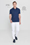 Men's Non-Shrink Cotton Fabric Slim Fit Slim Cut Navy Non-Curling Polo Collar T-Shirt - 7