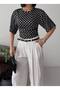 Crew Neck Fitted Waist Black Polka Dot Cotton Bat Sleeve Blouse Blz99000