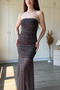 Strapless Polka Dot Draped Tulle Maxi Brown Dress - 6