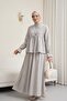 Linen Look Suit with Half Buttoned Sleeves, Elasticated Front, and Tie-Front Skirt - Light Gray - 2