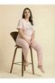 Women's Pajama Set Large Size 100% Cotton Heart Pattern Bow Detailed Short Sleeve Pink Color Top-Bottom Set - 3