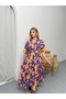 Women's Purple Floral Patterned Waist-Slit Dress with Back Detail - 2