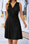 Women's Short Sleeve Double Breasted Collar Pleated Crepe Dress - 3