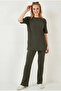Women's Khaki Corduroy Short Sleeve Top and Bottom Set Tkm-19000498 - 3