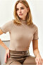 Women's Beige Overlock Stitching Detailed Wrinkled Blouse Blz-19003346 - 4