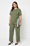 Women's Plus Size Short Sleeve Side Gathered Scarf Tie Sweatshirt Set 8260-26