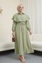 Collared Cape Detailed Belted Elastic Sleeves Crepe Dress Green
