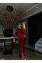 Red Velvet Long Evening Dress with Double Breasted Collar and Feather Detail 583082