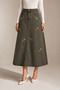 Long Denim Skirt with Flower Embroidery Detail - Green - 2