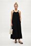 Women's Deep Lined Beaded Halter Neck Pocketed Long Woven Black Dress
