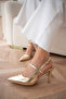 Rouge Asymmetrical Cut Women's Gold Heeled Shoes