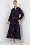 Women's V-Neck Gathered Waist Floral Patterned Viscose Black Hijab Dress