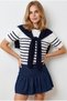 Women's Navy Blue Scarf Detailed Striped Short Sleeve Knitwear Blouse Blz-19003353