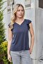 Women's Silky Textured Flexible Modal Fabric V-Neck Buttoned Sleeves Flounce Blouse-Navy Blue - 2