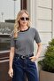 Women's Lycra Camisole Thin Striped Wide Zero Neck Short Sleeve Blouse-Black Line - 3