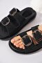 Urena Stone Double Buckle Genuine Leather Women's Slippers Black - 4