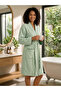 Cotton Kimono Bathrobe with Shepherd's Stitch Detail, Belted, with Pockets, Soft Textured - 3