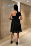 Stoned Tulle Fabric Mini Dress with Drawstring Detail - Black - 5
