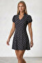 Black V-Neck Sleeve Gathered Polka Dot Patterned Dress Alc-X15524 - 3