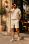 Men's Cream Beige Striped T-Shirt Shorts Set Twill Summer Set - 5