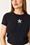 Women's Short Sleeve Star Stone Crop Blouse Black - 4