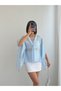 Crep Women's Beaded Detailed Bat Sleeve V-Neck Loose Chiffon Blouse Blue - 5
