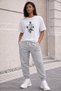 Women's / Girls' Oversize Grey Rose Thsort Tracksuit Set - Rose Printed Oversize T-Shirt & Jogger Pants
