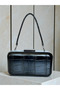 Black Crocodile Patterned Women's Evening Dress Bag with Black Stone Handle Detail for Wedding, Engagement, Graduation - 3