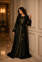 -Emerald Black Jacquard Abaya with Gold Trim Detailing - 4