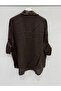 Women's Brown Italian Collar Sequin Embroidered Foldable Long Sleeve Oversize Linen Shirt 40 - 46 Size - 3