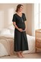 Black 100% Cotton Buttoned Maternity Nightgown with Breastfeeding Feature, Full Length Nightgown and Dressing Gown Set, Set of 2 - 3
