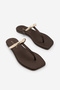 Women's Blunt Toe Flip Flops with Gold Metal Accessories, Daily Slippers, Lusina Brown Satin