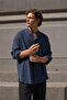 Men's Long Sleeve Muslin Shirt with Stand Collar, Comfortable Fit, Summer Navy Blue Ls-13008 - 2