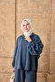 Women's Double Pocket Buttoned Wrinkled Shirt Suit Navy Blue - 2