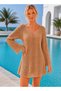 Women Front Back V-Neck Long Spanish Sleeve Back Tie Cotton Camel Mini Swimsuit Top Beach Dress - 6