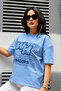 Women's Blue Oversize Printed Cotton Crew Neck T-Shirt - 2