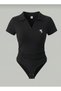 Embroidery Detailed Polo Collar Stretchy Ribbed Snap Fastener Women's Bodysuit