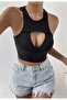 Black Ribbed Low-Cut Crop Blouse - 4