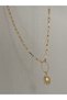 Vip Gold Paperclip Chain & Stone Detailed Oval End Stylish Anti-Tarnish Steel Necklace