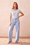 Women's Regular Fit Crew Neck Short Sleeve Ecru / Ice Blue Striped Viscose / Elastane T-Shirt Wilda - 2