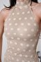 Women's Jacquard Patterned Beige Polka Dot Backless Halter Neck Long Dress with Tulle Detail - 3