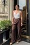 Brown Waist Shawl Tie Detail Sequin Printed High Waist Wide Leg Women's Modal Trousers - 3