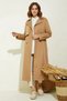 Women's Double-Breasted Collar Belted Tan Hijab Trench Coat - 5