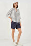 Women's V-Neck Oversize Striped Viscose Navy Blue Blouse - 2