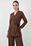 Women's V-Neck Belted Brown Suit - 5