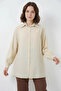 Women's Loose Fit Button Detailed Drawstring Waist Oversize Viscose Ecru Shirt - 3