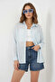 Women's Oversize Single Pocket Striped Viscose Blue Shirt - 3